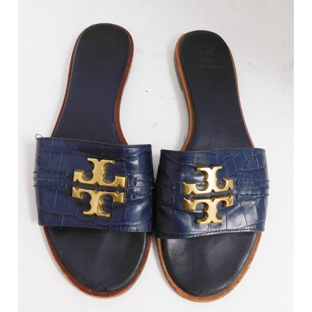 Tory Burch Everly Blue Croc Embossed Leather Slide Sandals Gold Logo 7.5 M